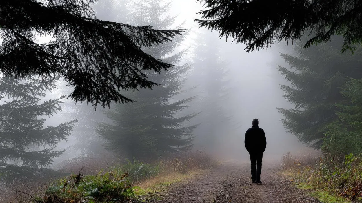 Person walking on a quiet path during early morning with gentle sunlight